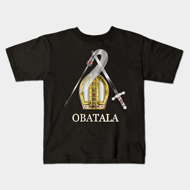 Orisha Obatala Papal Hat Silver Sword and Whisk Kids T-Shirt by geodesyn